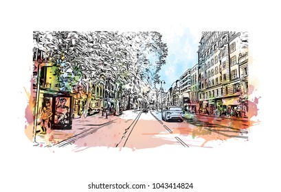 Street of London, the capital of England and the United Kingdom, is a 21st-century city with history stretching back to Roman times. Watercolor splash with Hand drawn sketch illustration in vector.