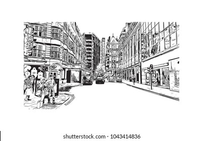 Street of London, the capital of England and the United Kingdom, is a 21st-century city with history stretching back to Roman times. Hand drawn sketch illustration in vector.