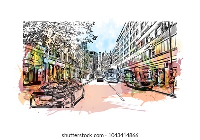Street of London, the capital of England and the United Kingdom, is a 21st-century city with history stretching back to Roman times. Watercolor splash with Hand drawn sketch illustration in vector.