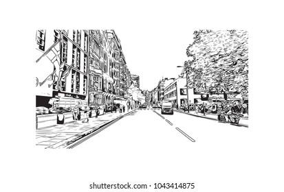 Street of London, the capital of England and the United Kingdom, is a 21st-century city with history stretching back to Roman times. Hand drawn sketch illustration in vector.