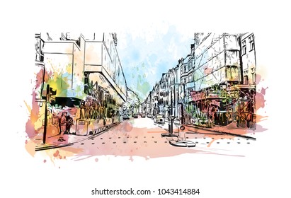 Street of London, the capital of England and the United Kingdom, is a 21st-century city with history stretching back to Roman times. Watercolor splash with Hand drawn sketch illustration in vector.