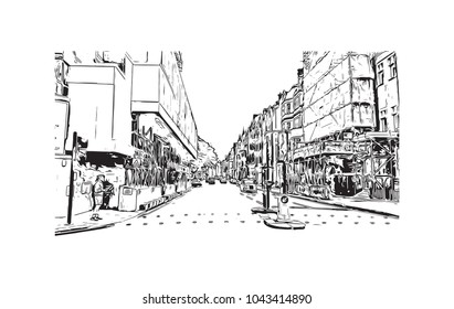 Street of London, the capital of England and the United Kingdom, is a 21st-century city with history stretching back to Roman times. Hand drawn sketch illustration in vector.