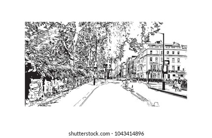 Street of London, the capital of England and the United Kingdom, is a 21st-century city with history stretching back to Roman times. Hand drawn sketch illustration in vector.