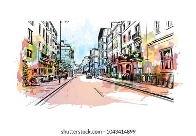 Street of London, the capital of England and the United Kingdom, is a 21st-century city with history stretching back to Roman times. Watercolor splash with Hand drawn sketch illustration in vector.