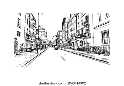 Street of London, the capital of England and the United Kingdom, is a 21st-century city with history stretching back to Roman times. Hand drawn sketch illustration in vector.