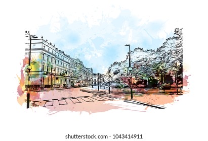 Street of London, the capital of England and the United Kingdom, is a 21st-century city with history stretching back to Roman times. Watercolor splash with Hand drawn sketch illustration in vector.