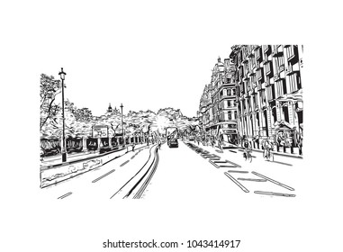 Street of London, the capital of England and the United Kingdom, is a 21st-century city with history stretching back to Roman times. Hand drawn sketch illustration in vector.