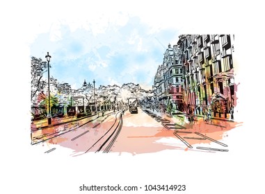 Street of London, the capital of England and the United Kingdom, is a 21st-century city with history stretching back to Roman times. Watercolor splash with Hand drawn sketch illustration in vector.