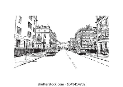 Street of London, the capital of England and the United Kingdom, is a 21st-century city with history stretching back to Roman times. Hand drawn sketch illustration in vector.