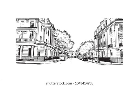 Street of London, the capital of England and the United Kingdom, is a 21st-century city with history stretching back to Roman times. Hand drawn sketch illustration in vector.