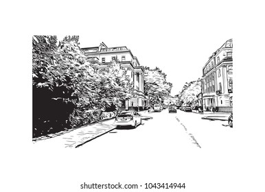 Street of London, the capital of England and the United Kingdom, is a 21st-century city with history stretching back to Roman times. Hand drawn sketch illustration in vector.