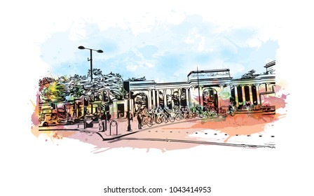 Street of London, the capital of England and the United Kingdom, is a 21st-century city with history stretching back to Roman times. Watercolor splash with Hand drawn sketch illustration in vector.