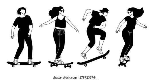 Street longboards silhouettes. Cartoon contour of young persons training tricks on skateboards, concept of street extreme sport, vector illustration of teenage outdoors active