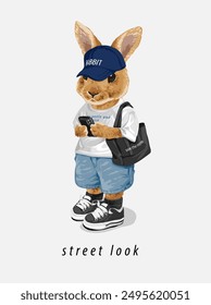 street look slogan with cartoon rabbit in baggy short style fashion vector illustration