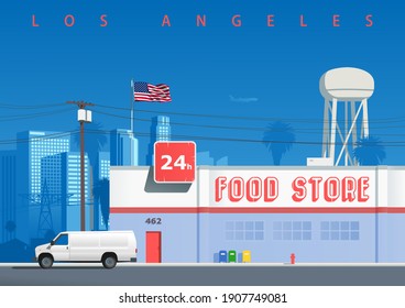 A street in the Los Angeles neighborhood. Symbolic illustration with a food store building, a water tower, the city skyline, electricity pole, and a cargo car parked on the street (not derived image) 