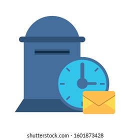 street mailbox postal service with clock vector illustration design
