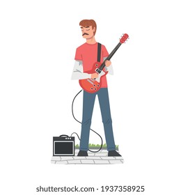 Street Male Musician Playing Electric Guitar, Live Performance Cartoon Style Vector Illustration
