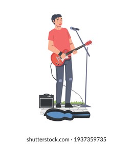 Street Male Musician Playing Guitar with Donate Guitar Hard Case Cartoon Style Vector Illustration