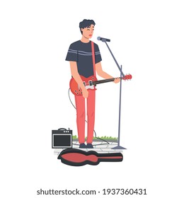 Street Male Musician Playing Guitar with Donate Guitar Case, Live Performance Concept Cartoon Style Vector Illustration