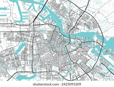 Street map art of Amsterdam city in Netherlands. Road map of Holland. Black and white (blue)