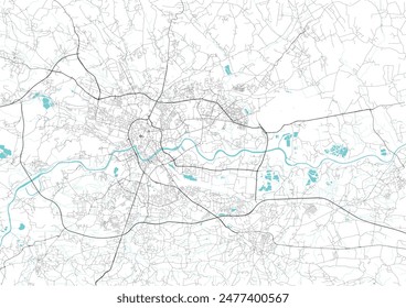 Arte de mapa de calles de la ciudad de Cracovia en Polonia. Mapa de ruta de Cracovia. Ilustración en blanco y negro (azul) de las calles de Varsovia. Cartel imprimible de la ciudad europea.