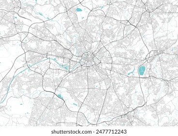 Street map art of Manchester city in England. Road map of Manchester. Black and white (blue) illustration of England streets. Great Britain, United Kindom city Printable poster.