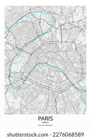 Street map art of Paris city in France. Road map of Paris (France). Black and white (light) illustration of parisian streets. Printable poster.