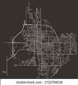 Street map of Bloomington, Indiana, US, black-and-white with major and minor roads & lanes, city plan poster