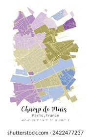 Street map of Champ de Mars, Paris France ,vector image for digital product ,wall art and poster prints.