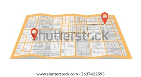 Street map of city and travel destination pins lying down on the surface in flat style. Concept of travel, destination, location, route. Vector background.