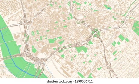 Street map of Dallas, Texas. This classic colored map of Dallas contains several shapes for highways, bigger and smaller streets, water and parks as well as buildings.