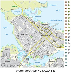 street map of downtown Vancouver with pin pointers and infrastructure icons