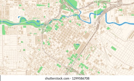 Street map of Houston, Texas. This classic colored map of Houston contains several shapes for highways, bigger and smaller streets, water and parks as well as buildings.