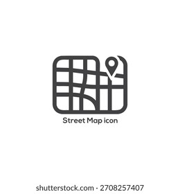 Ícone de Mapa de Ruas com Pino de Localização na Rede Rodoviária, Representando Navegação, GPS, Viagens e Sistemas de Informações Geográficas