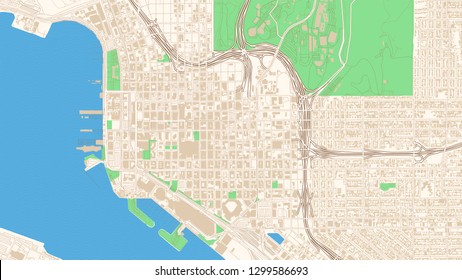 Street map of San Diego, California. This classic colored map of San Diego contains several shapes for highways, bigger and smaller streets, water and parks as well as buildings.