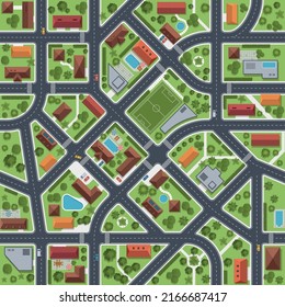 Street map top view. City transport infrastructure, urban roads plan, houses rooftops in green courtyards, bushes and trees, stadium and swimming pool, seamless texture, nowaday vector concept