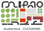 Street map top view, houses, roads and trees. City landscape plan elements from above, building roofs, bushes and traffic lane vector set. Plan view with roof townhouse and downtown illustration