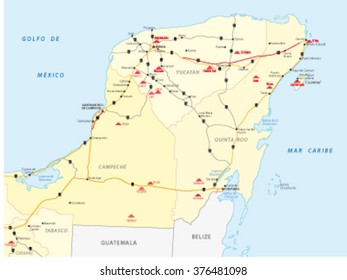 Street Map Of Yucatan With The Main Maya Ruins