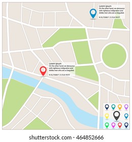 Street Maps And Map Pointer Icons. City Map With Navigation Icons. Simple Web Icon: Address GPS Location Symbol. Flat Design Style. Vector Illustration
