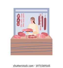 Street market or butcher store counter with man selling meat production, cartoon vector illustration isolated on white background. Street fair or local market meat shop.