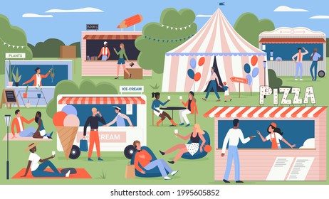 Street market fair, fast food festival in city park vector illustration. Cartoon summer fest, pizza, ice cream kiosk marketplace and circus with crowd of walking friends, family people background