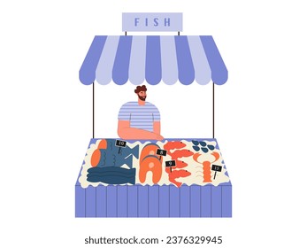 Street market fair. Outdoor market stall vector flat illustration. Local market stall with fish.
