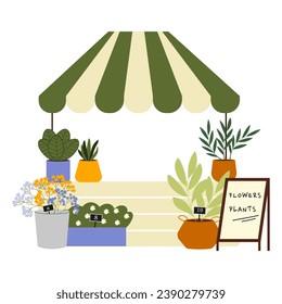 Street market fair. Outdoor market stall vector flat illustration. Local market stall with plants and Flowers.