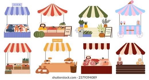 Street market fair. Outdoor market stalls vector flat illustration. Market kiosks with fish, bakery, meat, vegetables, fruits, plants, jam and icecream. Local market stalls. 
