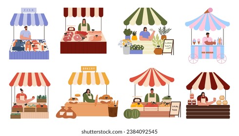 Street market fair. Outdoor market stalls vector flat illustration. People selling fish, bakery, meat, vegetables, fruits, plants, jam and icecream. Local market stalls. 
