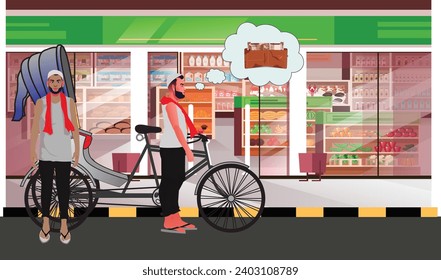 Street market flat vector illustration. Local Indian outdoor marketplace. Traditional retailing. Joyous ccartoon vendors at counters and customers. Sellers at stands. Asian city view background