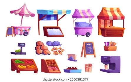 Street market food stalls set isolated on white. Vector cartoon illustration of ice cream, seafood, fresh fruit and vegetable booths with color tents, coffee machine with paper cups, pastry on shelf