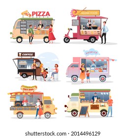 Ilustración vectorial de camiones de comida en el mercado de la calle. Cartoon van stall Markplace mini cafetería que vende pizza hamburguesa de alimentos asiáticos helados hot dog comida rápida y colección de bebidas de café aisladas en blanco.