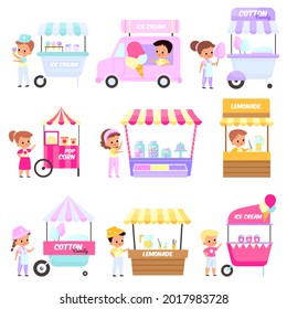 Street market. Happy children sell sweets from trays. Festival food. Young sellers near their stalls. Lemonade or cotton candy sales booths and ice cream vans. Vector fair stores set