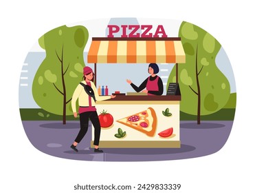 Street market. Kiosk selling pizza. Vector illustration pizza street food stall, snack shop cartoon isolated, outdoor fair selling store, business cafe with vendor